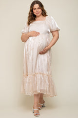 Cream Floral Embroidered Puff Sleeve Plus Maternity Maxi Dress