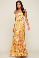 Yellow Floral Sleeveless Tiered Maternity Maxi Dress