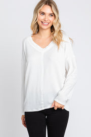 Ivory Ribbed V-Neck Long Sleeve Top