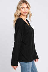 Black Ribbed V-Neck Long Sleeve Top