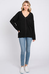 Black Ribbed V-Neck Long Sleeve Top