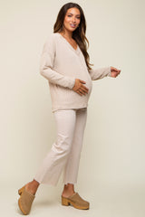 Taupe Ribbed V-Neck Long Sleeve Maternity Top