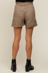 Camel Checkered Pleated Maternity Shorts