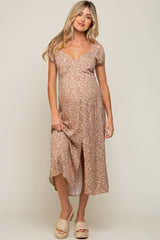 Beige Leopard Button Front Maternity Midi Dress