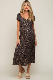 Black Leopard Button Front Maternity Midi Dress