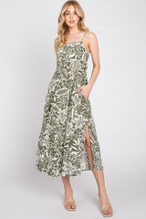 Olive Floral Side Slit Maternity Midi Dress