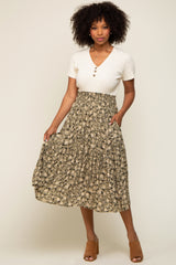 Olive Floral Smocked Midi Skirt