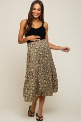 Olive Floral Smocked Maternity Midi Skirt