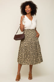 Olive Floral Smocked Midi Skirt