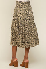 Olive Floral Smocked Midi Skirt