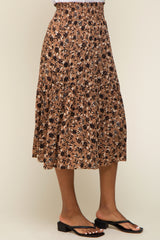 Brown Floral Smocked Midi Skirt