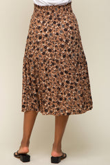 Brown Floral Smocked Midi Skirt