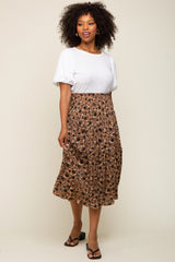 Brown Floral Smocked Midi Skirt