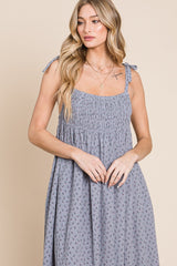 Slate Blue Floral Gauze Smocked Midi Dress With Pockets