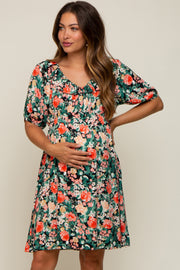 Coral Floral Ruffle Short Sleeve Maternity Dress