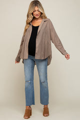 Mocha Striped Button Front Collared Long Sleeve Maternity Top