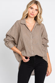 Mocha Striped Button Front Collared Long Sleeve Top