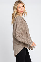 Mocha Striped Button Front Collared Long Sleeve Top