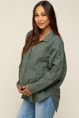 Olive Striped Button Front Collared Long Sleeve Maternity Top