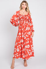 Rust Floral Square Neck Smocked Long Sleeve Maxi Dress