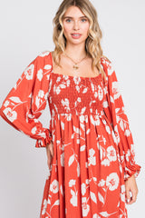 Rust Floral Square Neck Smocked Long Sleeve Maxi Dress