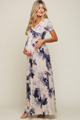 Taupe Floral Maternity Wrap Dress