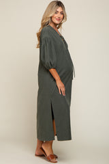 Forest Green Lace Up 3/4 Sleeve Side Slit Maternity Maxi Dress