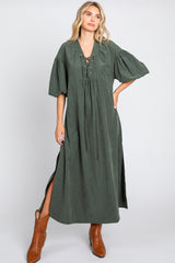 Forest Green Lace Up 3/4 Sleeve Side Slit Maxi Dress