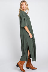 Forest Green Lace Up 3/4 Sleeve Side Slit Maxi Dress