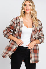 Rust Plaid Button Front Hooded Top