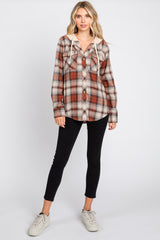 Rust Plaid Button Front Hooded Top