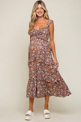 Brown Floral Cinched Tiered Maternity Midi Dress