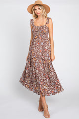 Brown Floral Cinched Tiered Midi Dress