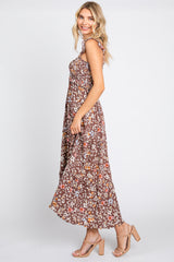 Brown Floral Cinched Tiered Midi Dress