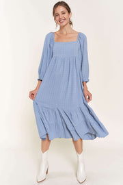 Blue Striped 3/4 Cinched Sleeve Tiered Midi Dress