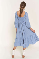 Blue Striped 3/4 Cinched Sleeve Tiered Midi Dress