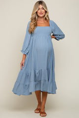 Blue Striped 3/4 Cinched Sleeve Tiered Maternity Midi Dress