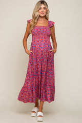 Magenta Printed Smocked Maternity Maxi Dress