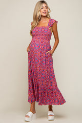 Magenta Printed Smocked Maternity Maxi Dress