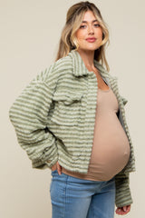 Light Olive Fuzzy Front Pocket Maternity Jacket