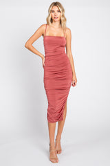 Rust Ruched Side Slit Maternity Midi Dress