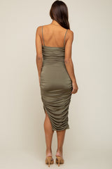 Olive Ruched Side Slit Maternity Midi Dress