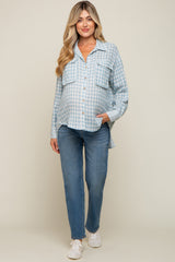 Light Blue Plaid Front Pocket Hi-Low Maternity Top