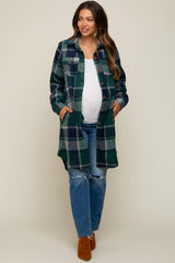 Green Plaid Fleece Maternity Long Shirt Jacket