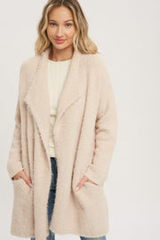 Beige Fuzzy Knit Draped Cardigan