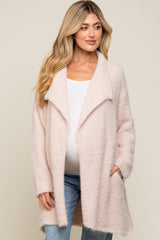 Beige Fuzzy Knit Draped Maternity Cardigan