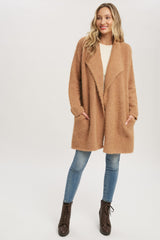 Camel Fuzzy Knit Draped Cardigan