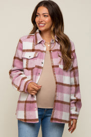 Mauve Plaid Fleece Maternity Shirt Jacket