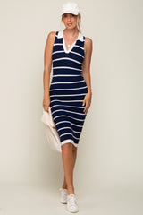 Navy Blue Striped Sleeveless Collared Midi Dress