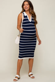 Navy Blue Striped Sleeveless Collared Maternity Midi Dress